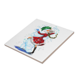 Happy Snowman and Girl Dance Tango Christmas Party Ceramic Tile
