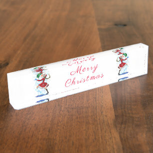 Happy Snowman and Girl Dance Tango Christmas Party Nameplate