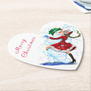 Happy Snowman and Girl Dance Tango Christmas Party Paper Coaster