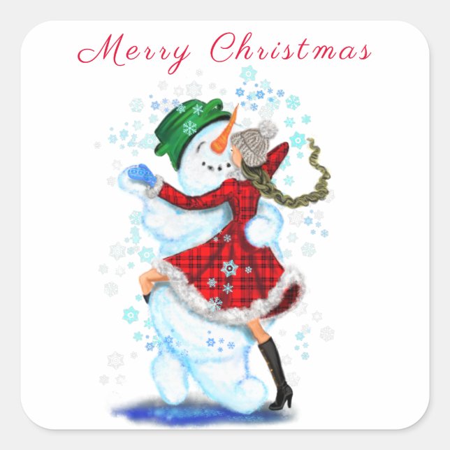 Happy Snowman and Girl Dance Tango Christmas Party Square Sticker (Front)