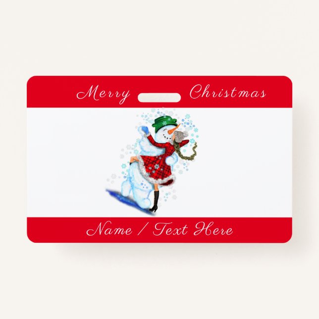 Happy Snowman and Girl Dance Tango Merry Christmas ID Badge (Front)
