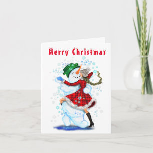 Happy Snowman and Girl Dance Tango Merry Christmas Note Card