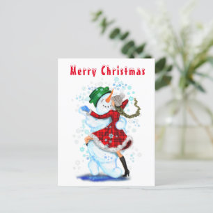 Happy Snowman and Girl Dance Tango Merry Christmas Postcard