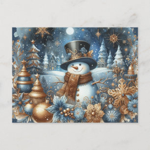 Happy snowman blues and gold design whimsical postcard