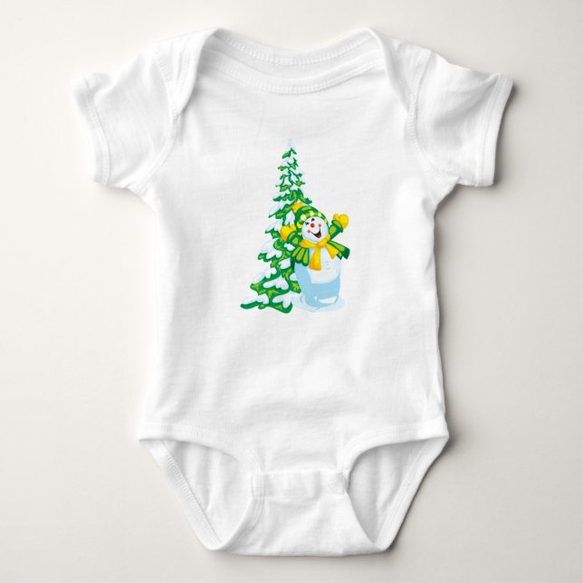Happy Snowman Cartoon Baby Bodysuit (Front)