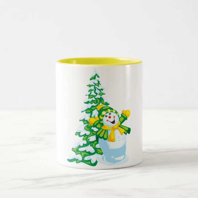 Happy Snowman Cartoon Two-Tone Coffee Mug (Center)