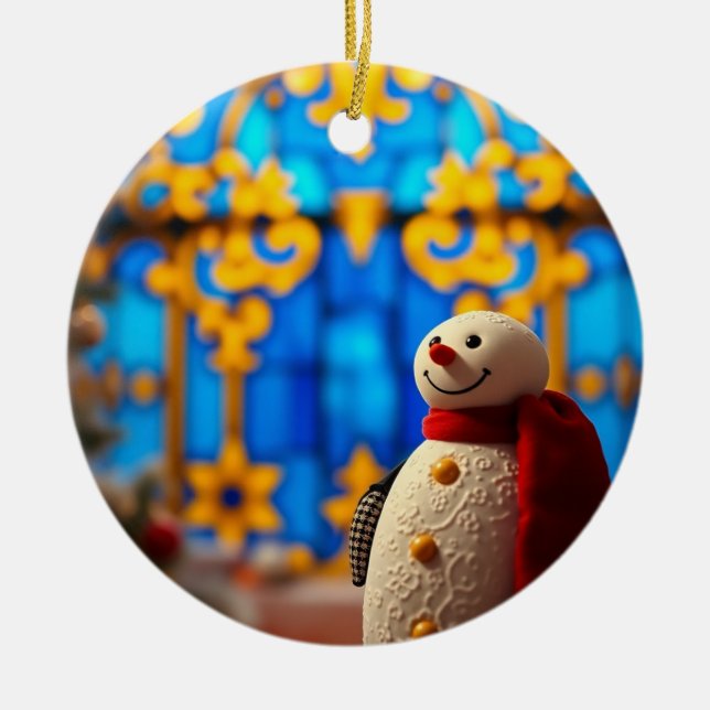 Happy Snowman Christmas – Blue Faux Stained Glass Ceramic Ornament (Front)