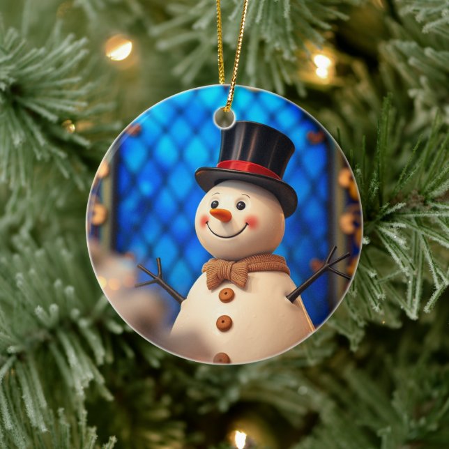 Happy Snowman Christmas Ornament Blue Faux Stained (Tree)
