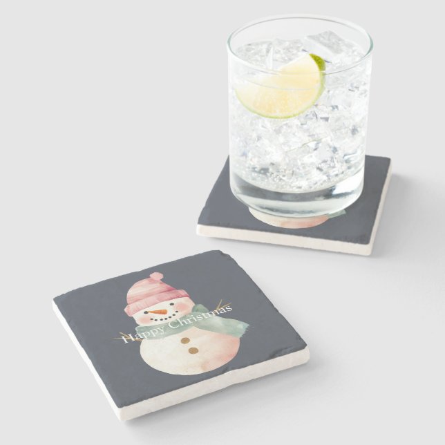 Happy Snowman Christmas Stone Coaster (Side)