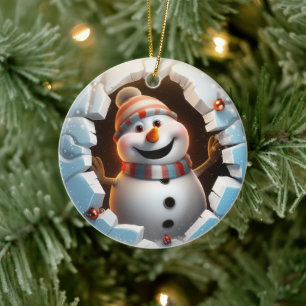 Happy snowman enjoying the winter. ceramic ornament