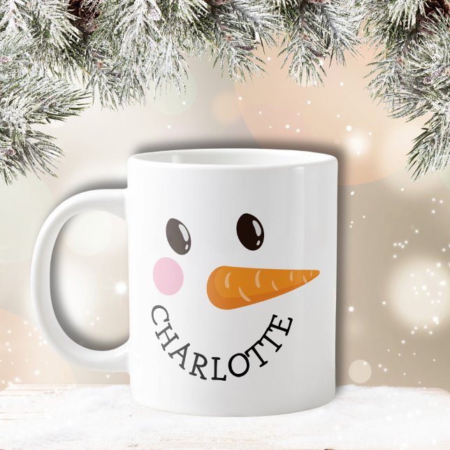Happy Snowman Face Custom Name Holiday Gift Jumbo Large Coffee Mug (Happy Snowman Face Custom Name Holiday Gift Jumbo Giant Coffee Mug)