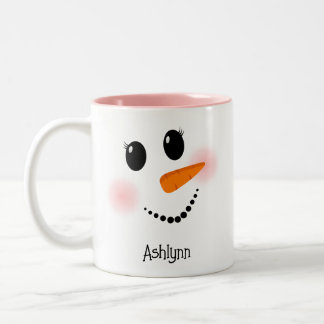 Happy Snowman Face Eyelashes Pink Personalised Two-Tone Coffee Mug