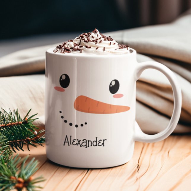 Happy Snowman Face Personalised Christmas Mug (Happy Snowman Christmas Mug)