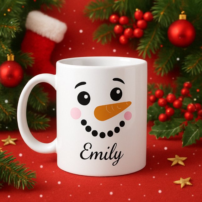 Happy Snowman Face Personalised Name holiday  Mug (Creator Uploaded)