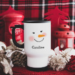 Happy Snowman Face Personalised Name Holiday Travel Mug<br><div class="desc">Cute holiday coffee or hot cocoa travel mug features a happy winter snowman (snow lady) girl face with warm rosy cheeks, carrot nose, eyes with pretty eyelashes, and smile made of coal. Snow white, black, pink and orange design colours. Personalise this winter seasonal mug with a first name or other...</div>