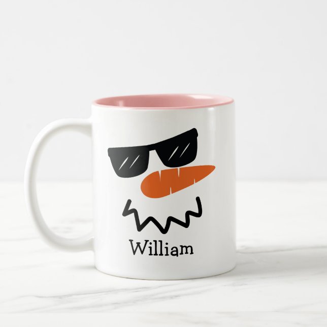 Happy Snowman Face Personalised Name Holiday Two-T Two-Tone Coffee Mug (Left)