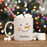 Happy Snowman Face Personalised Name Holiday Two-Tone Coffee Mug<br><div class="desc">Cute holiday coffee / hot cocoa mug features a happy winter snowman face with warm rosy cheeks,  carrot nose,  eyes with eyelashes,  and smile made of coal. Snow white,  black,  pink and orange design colours. Personalise this snowlady mug with a name or other custom text.</div>