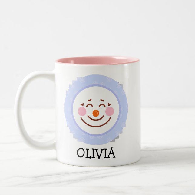Happy Snowman Face Personalised Name Holiday Two  Two-Tone Coffee Mug (Left)