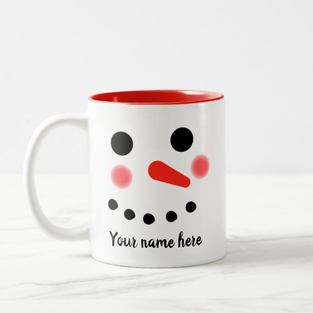 Happy Snowman Face Personalised Name Two-Tone Coffee Mug (Left)