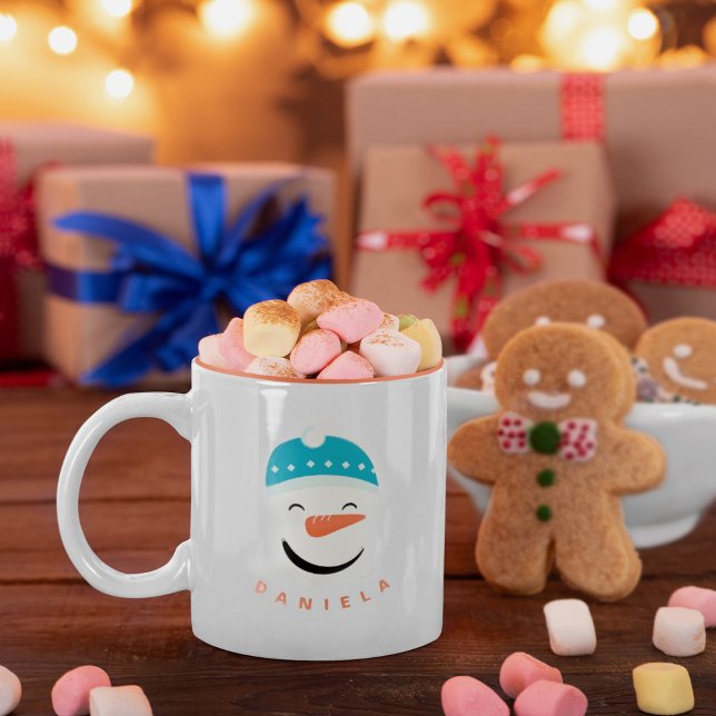 Happy Snowman Face Personalised Text Two-Tone Coffee Mug (Creator Uploaded)