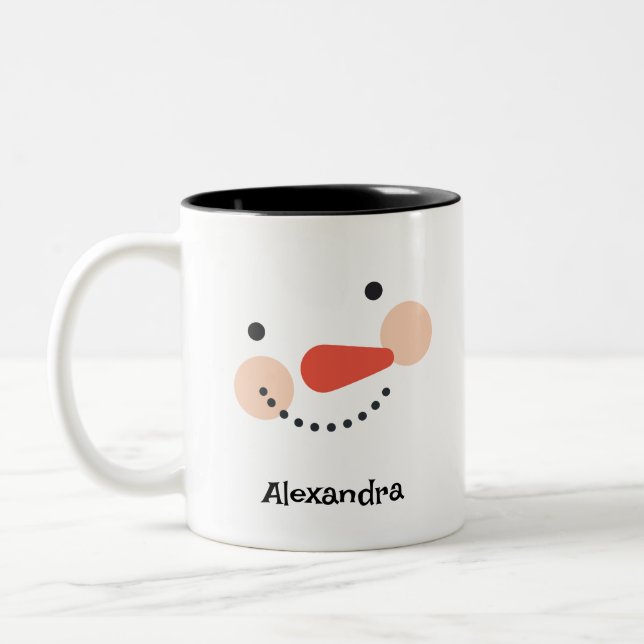 Happy Snowman Face Personalized Name Holiday Two-Tone Coffee Mug (Left)