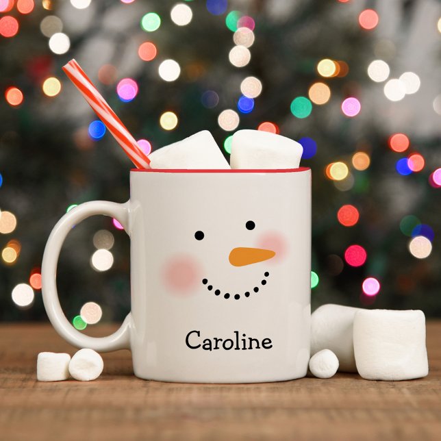 Happy Snowman Face Red Custom Name Two-Tone Coffee Mug (Creator Uploaded)