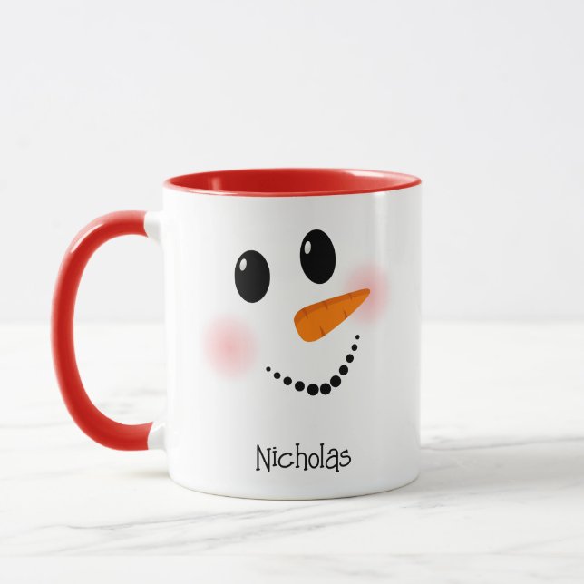 Happy Snowman Face Red Custom Name Two-Tone Mug (Left)