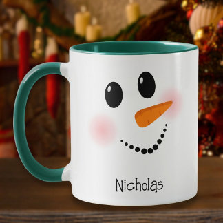Happy Snowman Face Red Custom Name Two-Tone Mug