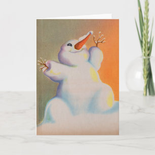 happy snowman greets the morning holiday card