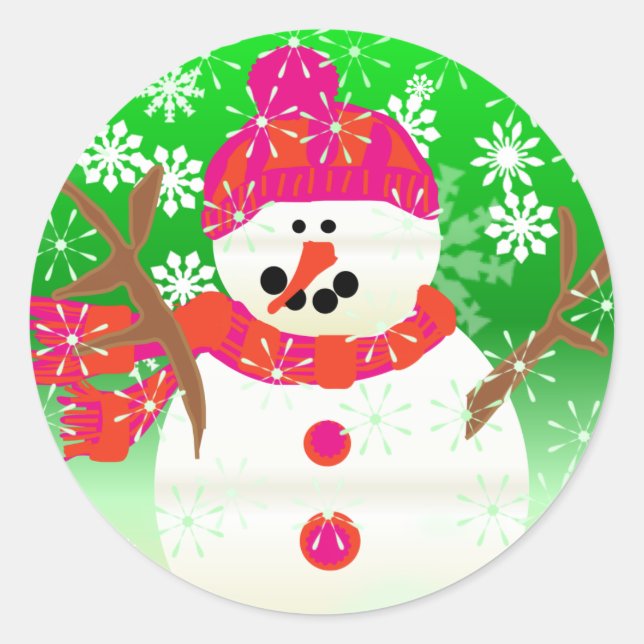 Happy Snowman Holiday Round Sticker (Front)