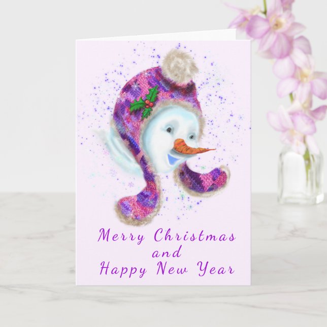 Happy Snowman In Beanie Winter Hat Christmas Card (Orchid)