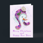 Happy Snowman In Beanie Winter Hat Christmas Card<br><div class="desc">Christmas Cards with Happy Snowman In Purple Pink Beanie Winter Hat Fun Christmas Painting Collection - Choose / Add Your Unique Text / Name / Colour - Make Your Special Christmas Card Gift - Resize and move or remove / add elements - image / text with customisation tool. Painting and...</div>
