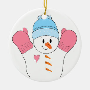 Happy Snowman in Pink Mittens Ceramic Ornament