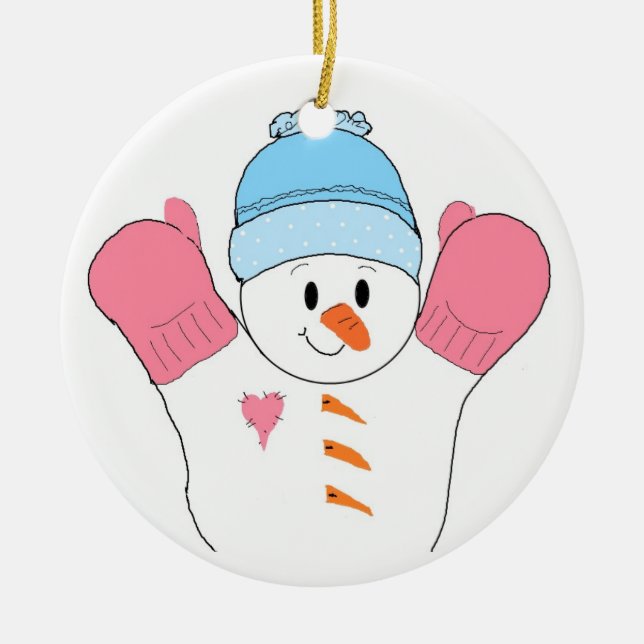 Happy Snowman in Pink Mittens Ceramic Ornament (Front)