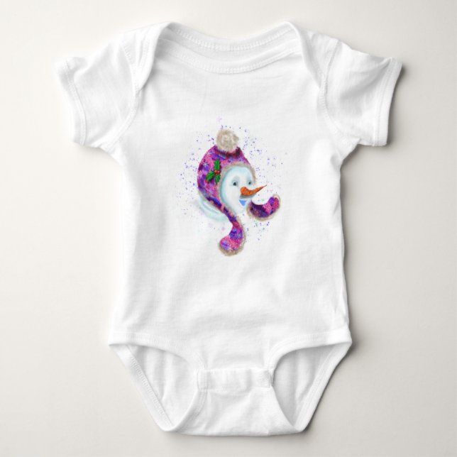 Happy Snowman In Purple Pink Beanie Winter Hat Baby Bodysuit (Front)