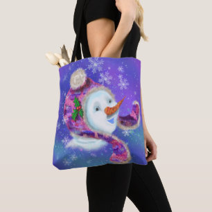 Happy Snowman In Purple Pink Beanie Winter Hat Fun Tote Bag