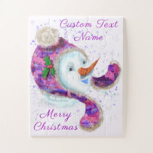Happy Snowman In Purple PinkWinter Hat - Your Text Jigsaw Puzzle