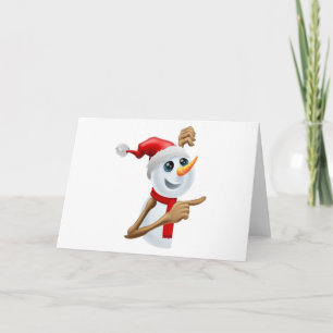 Happy snowman in Santa hat pointing Holiday Card
