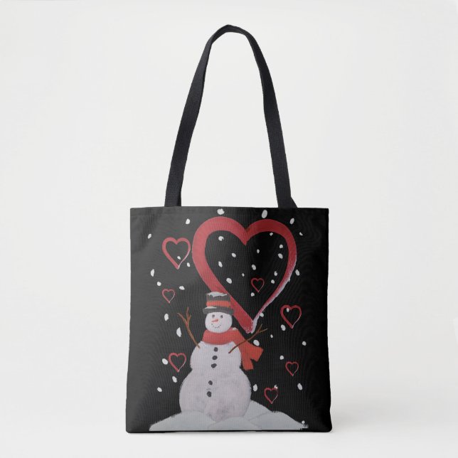 Happy Snowman in the snow with hearts. Tote Bag (Front)