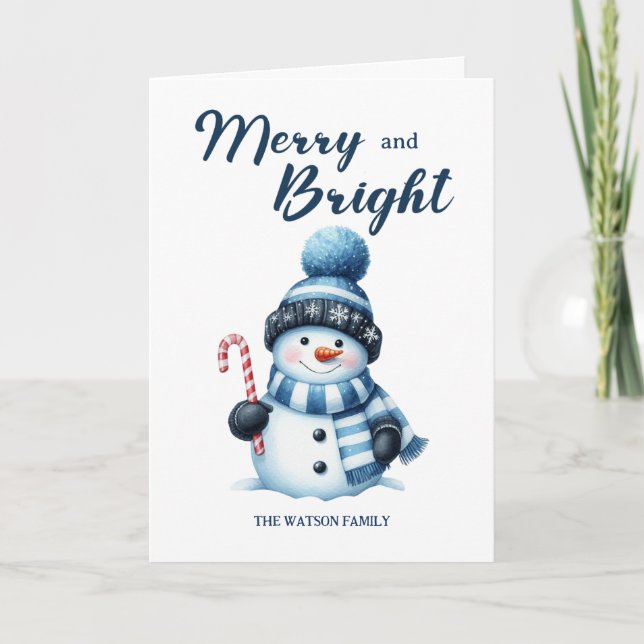 Happy Snowman Merry Bright Navy White Winter  Holiday Card (Front)