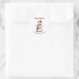 Happy Snowman Merry Christmas Custom Family Name Classic Round Sticker