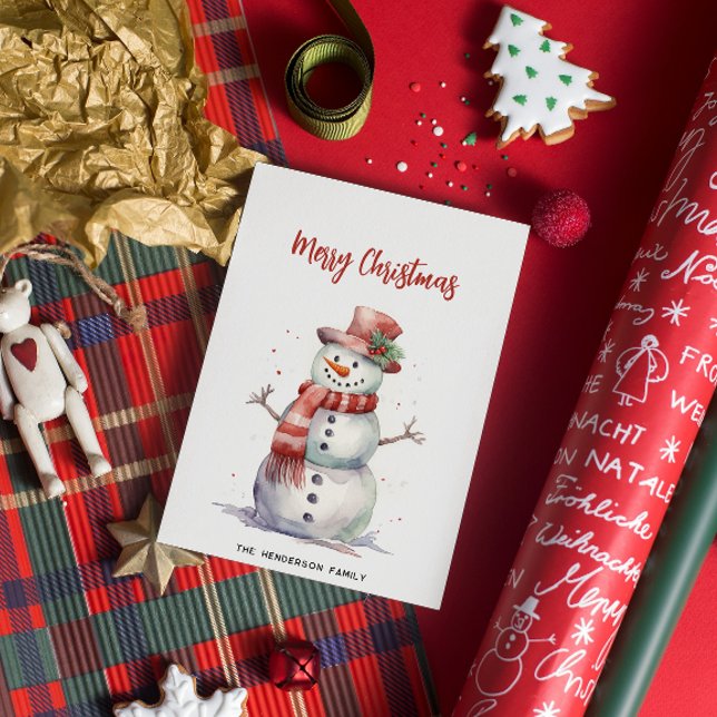 Happy Snowman Merry Christmas Custom Family Name Holiday Card (Creator Uploaded)
