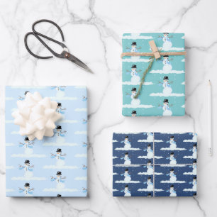 Happy Snowman Pattern Blue Christmas Winter Wrapping Paper Sheet
