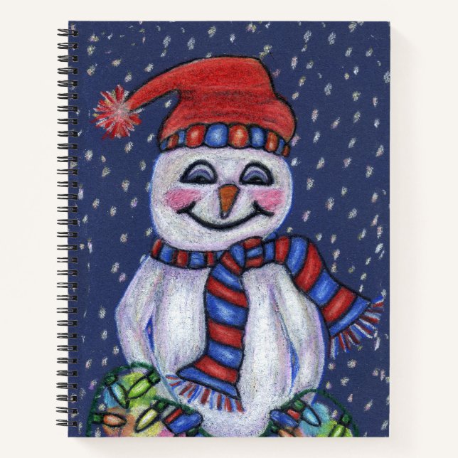 Happy Snowman Red Hat Scarf Holding Lights Snow Notebook (Front)