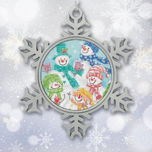 Happy Snowman Retro Christmas Snowflake Pewter Christmas Ornament