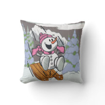 Happy Snowman Sledding Pillow