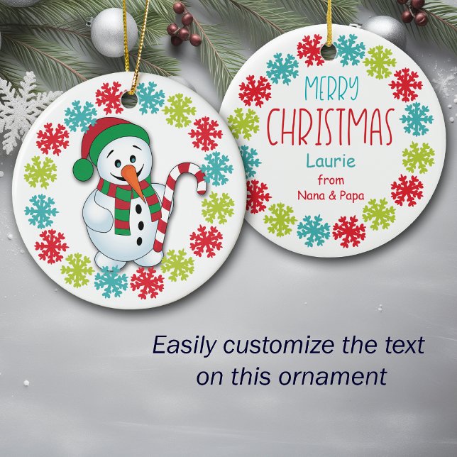 Happy Snowman Snowflake Frame Grandkids Ceramic Ornament (Creator Uploaded)