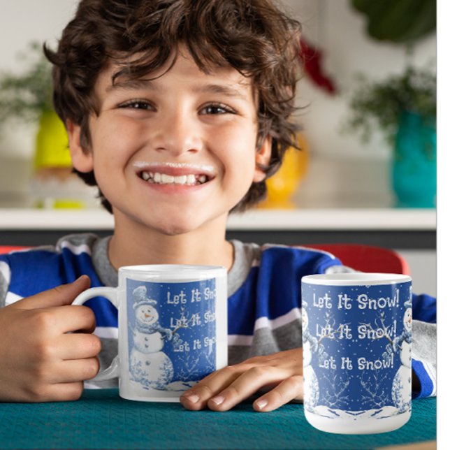 Happy Snowman Snowflakes Blue White Let It Snow Coffee Mug (Let it snow!)