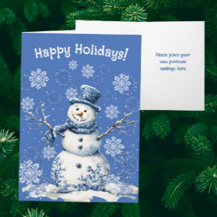 Happy Snowman Snowflakes Blue White Personalised Holiday Card