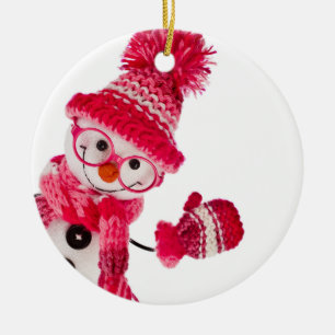 Happy Snowman Spectacled In Knitted Pink Hat Ceramic Tree Decoration